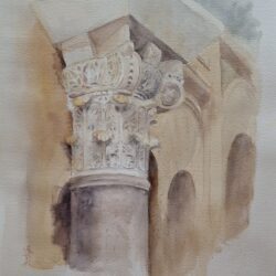 Detalle de acuarela “Mágica cautivación”: capitel de arquitectura andalusí en tonos tierra