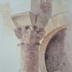 Detalle de acuarela “Persistencia de la mirada”: capitel y óculo de arquitectura andalusí