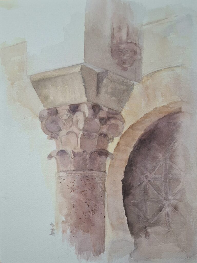 Detalle de acuarela “Persistencia de la mirada”: capitel y óculo de arquitectura andalusí